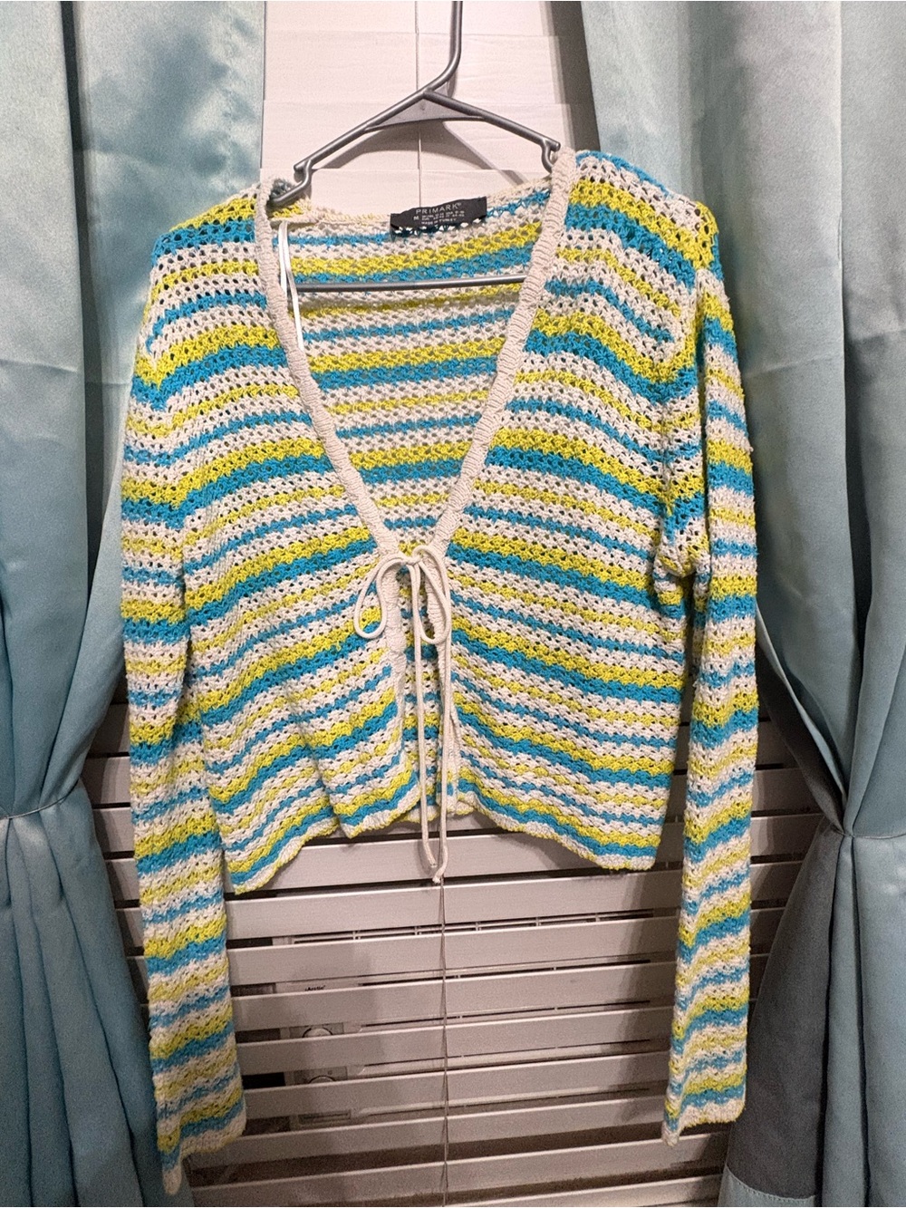 Primark Crochet Tie-Front Cardigan in Blue, Yellow & White